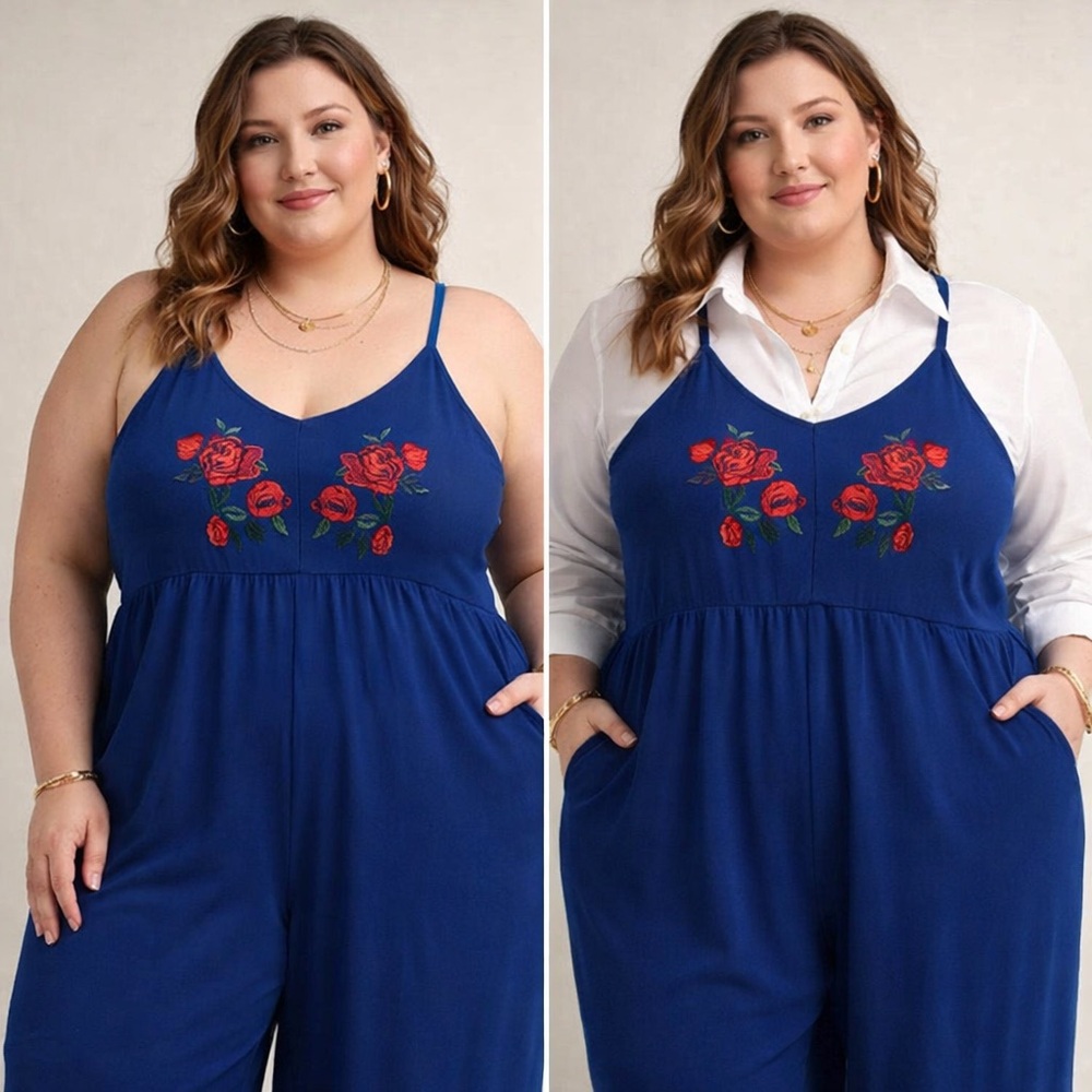 ODDY Blue Jumpsuit with Red Floral Embroidery